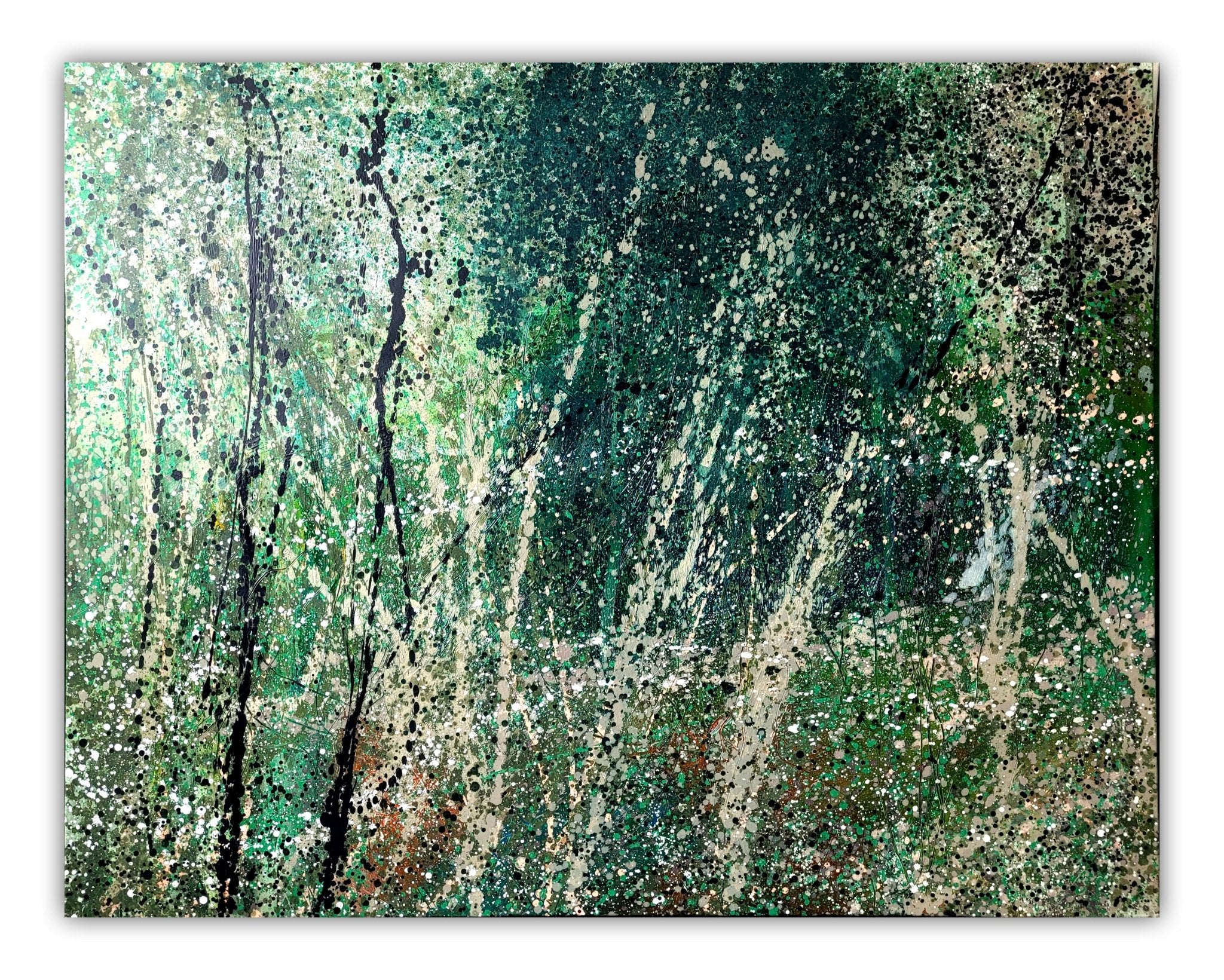 An abstract composition of a forest scene rendered in textured green, black, and white.
