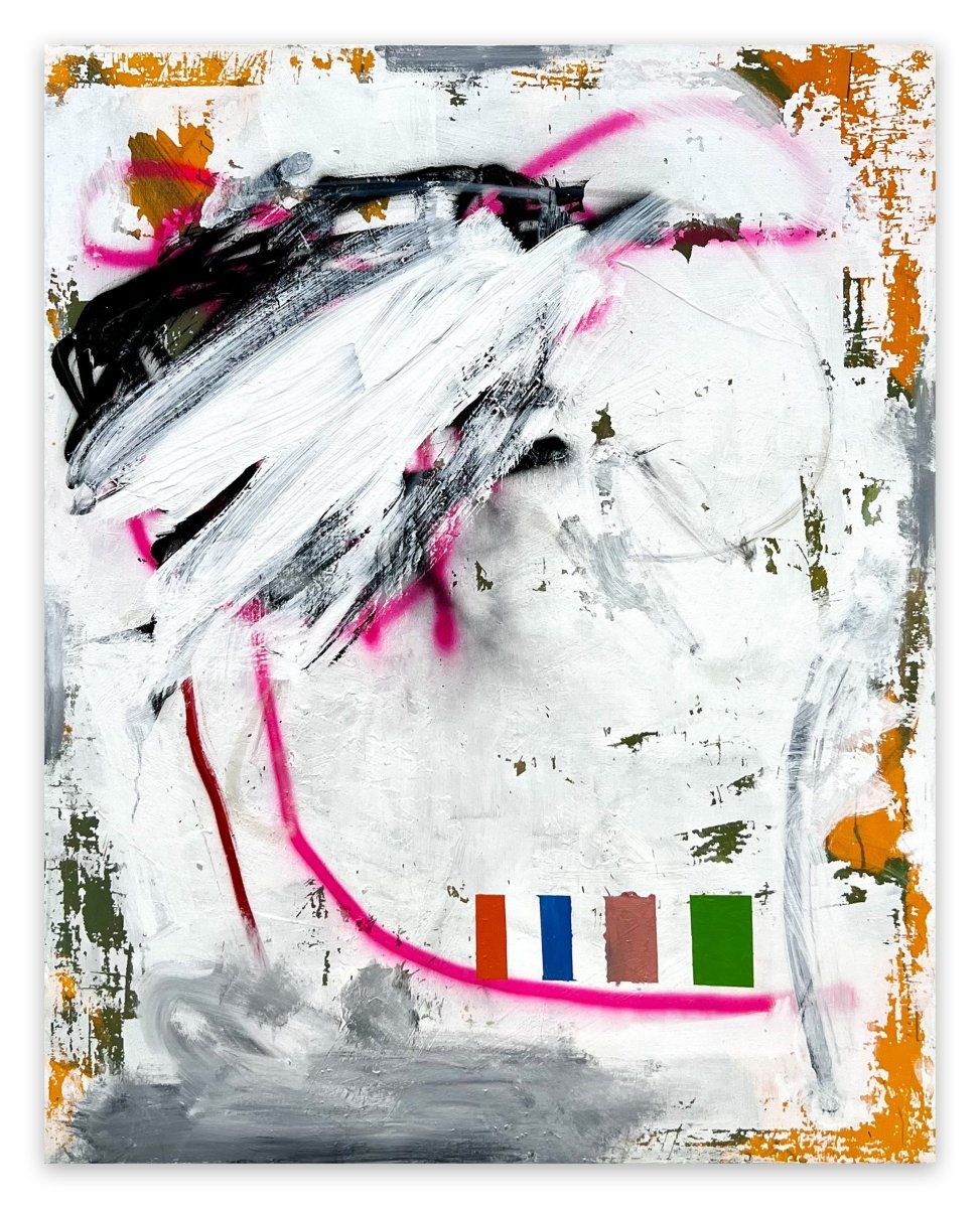 An abstract portrait featuring a stylized face with bold brushstrokes and a vibrant color palette.