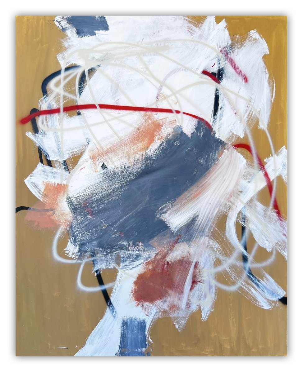 An abstract portrait study featuring a face profile in profile against a gold background.