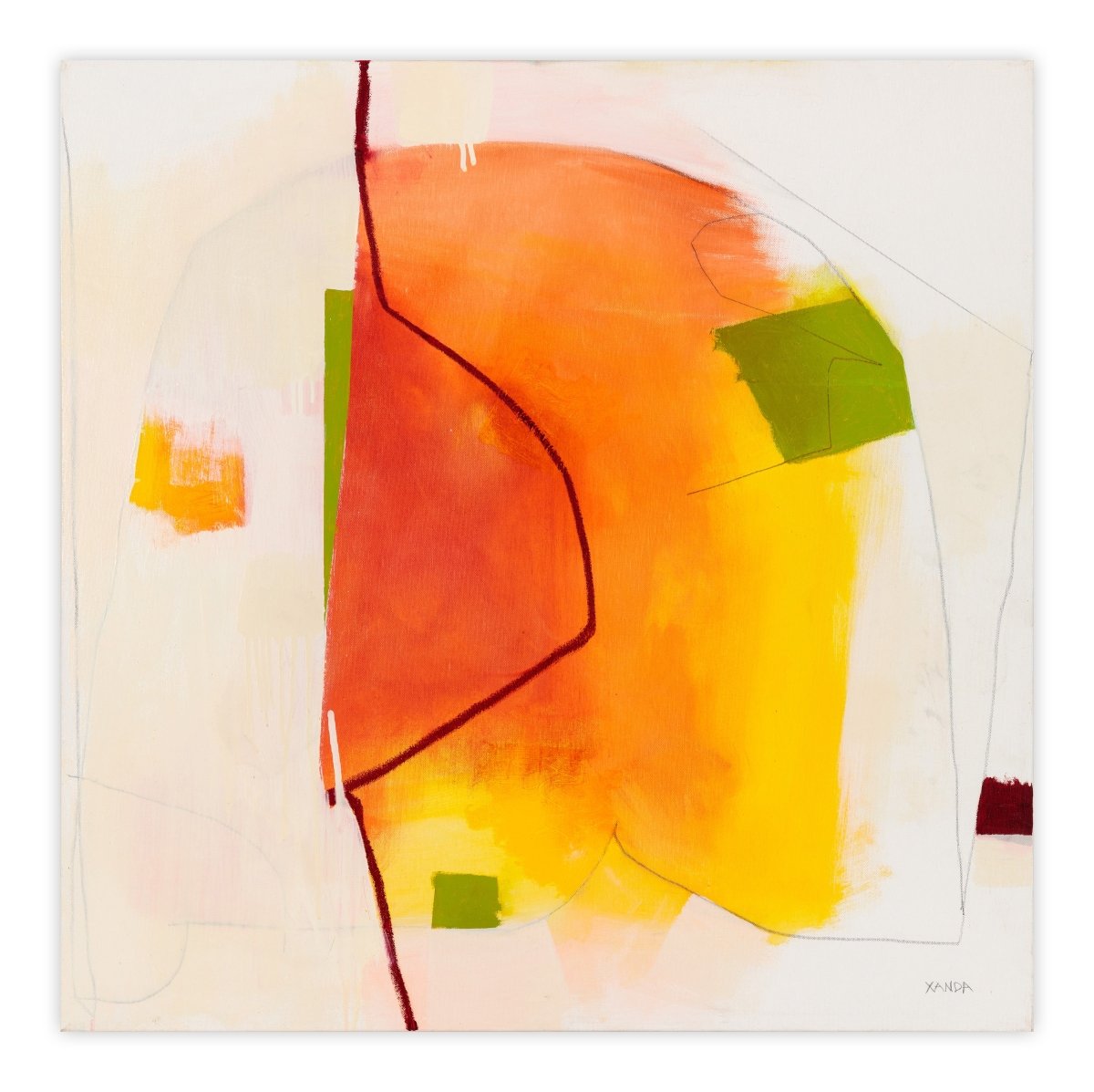 An abstract composition featuring warm orange and yellow shapes against a pale background with thin black lines.
