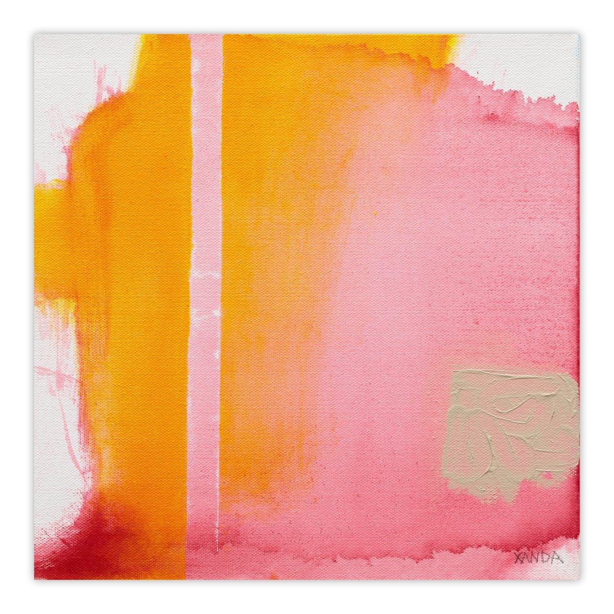 A vibrant abstract composition featuring bold vertical bands of warm colors against a textured canvas.