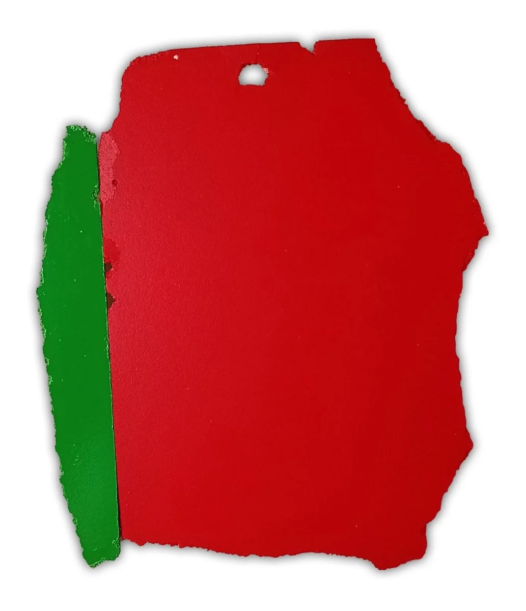A bold, abstract composition featuring a red shape with a green vertical strip and a hole at the top.