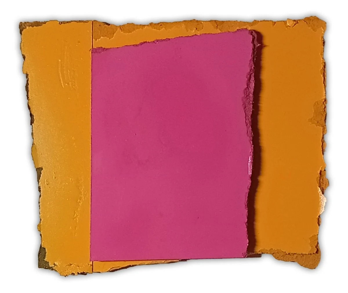 A layered abstract composition featuring a textured orange frame surrounding a smooth magenta rectangle.
