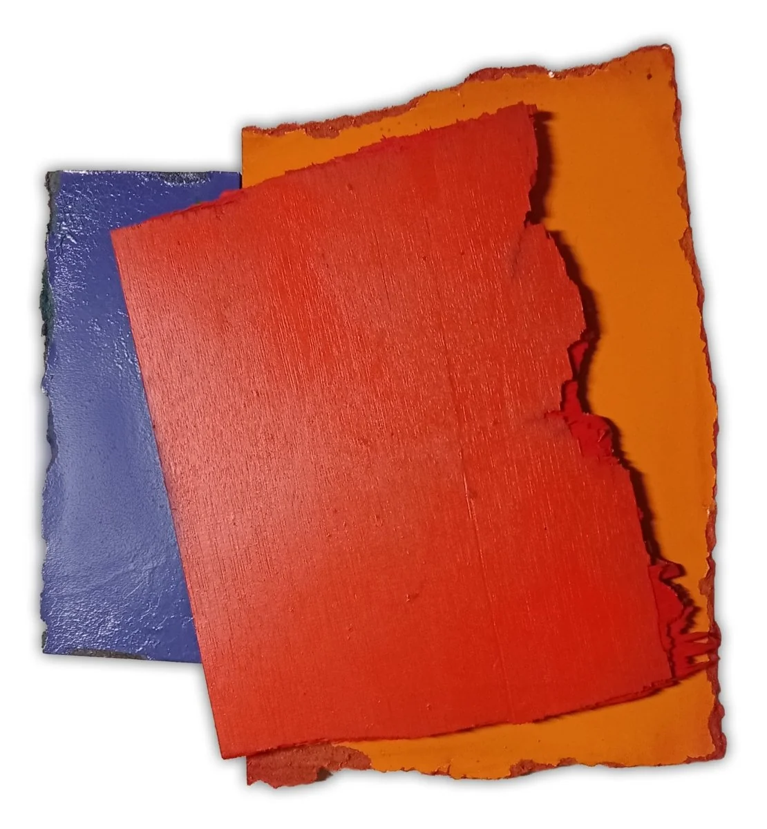 A layered abstract composition of three textured rectangular panels in bold primary colors.