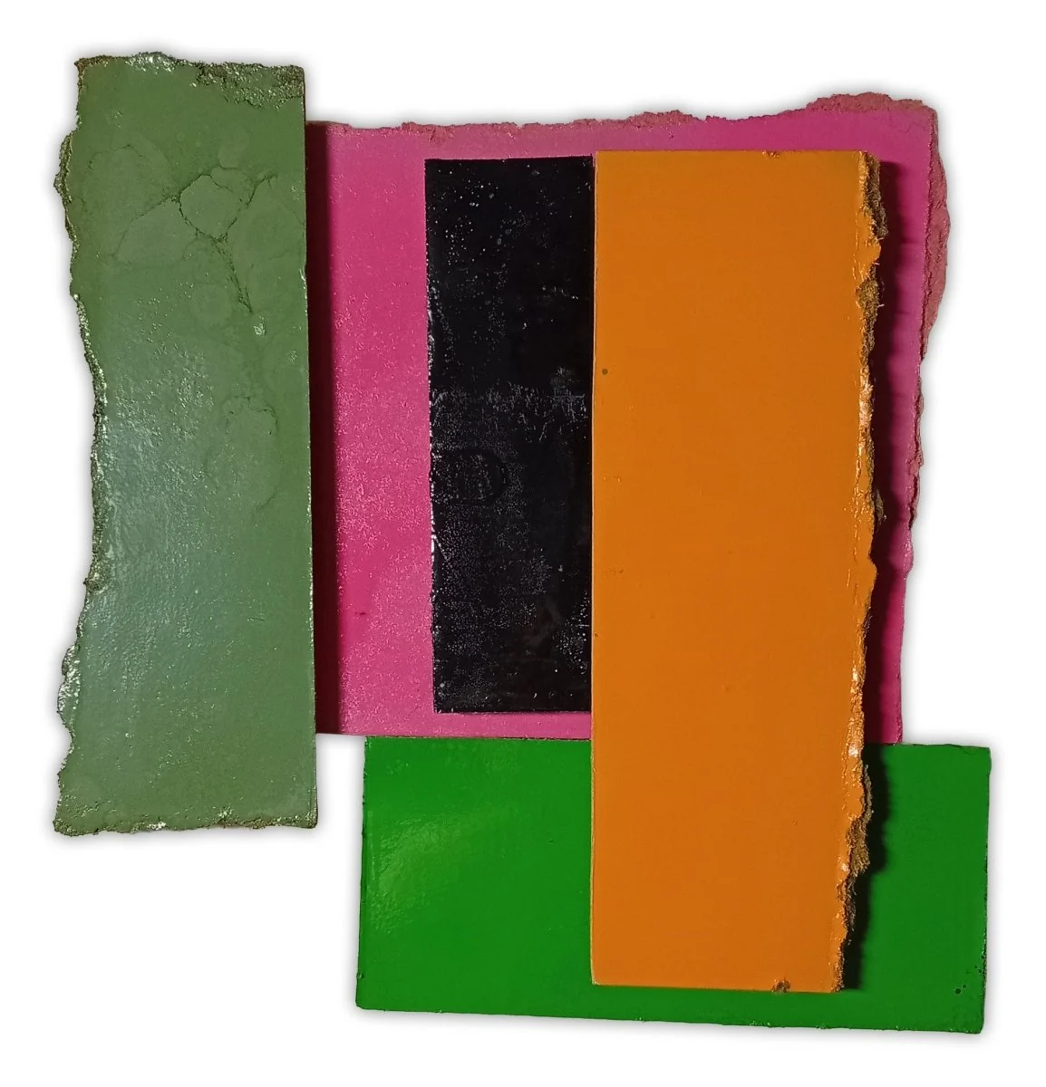 A colorful abstract composition of layered rectangular blocks with torn edges.