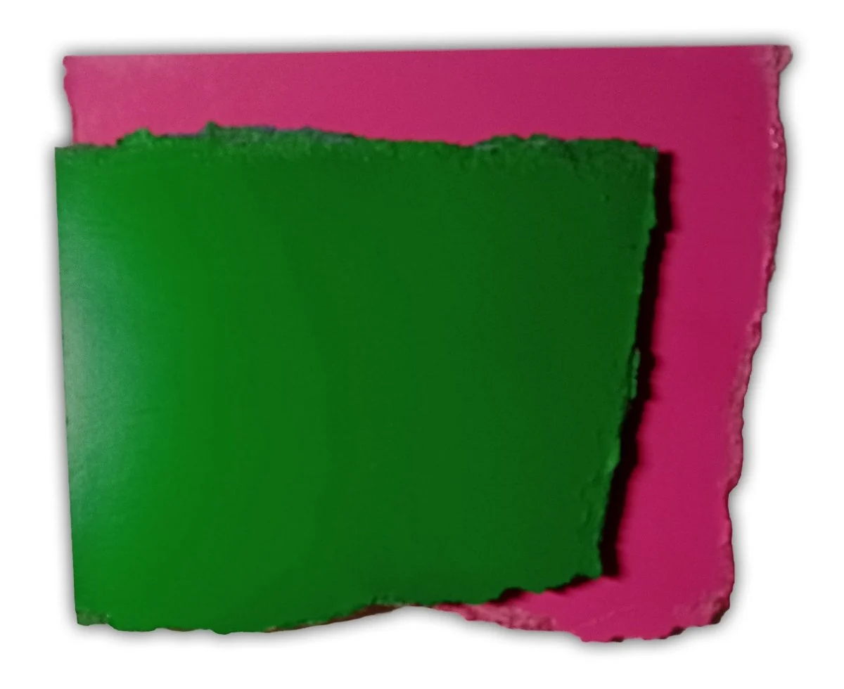 A layered composition of two textured, hand-cut paper sheets in contrasting colors.