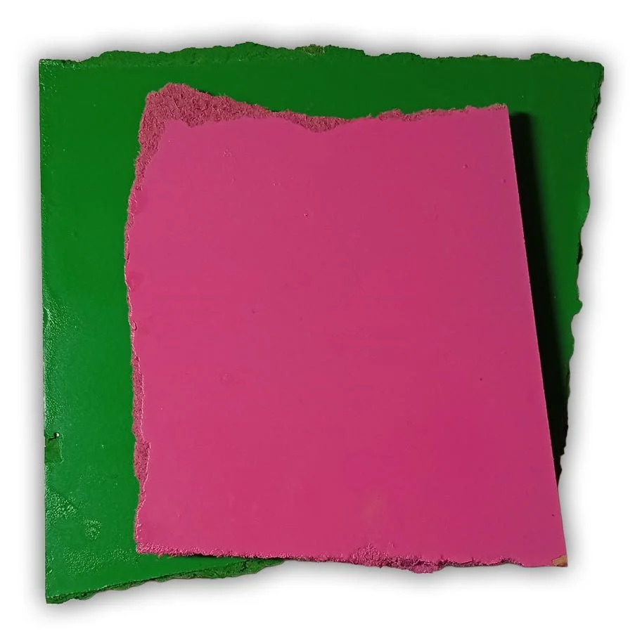 A layered abstract composition featuring a rough-edged pink square over a green background.