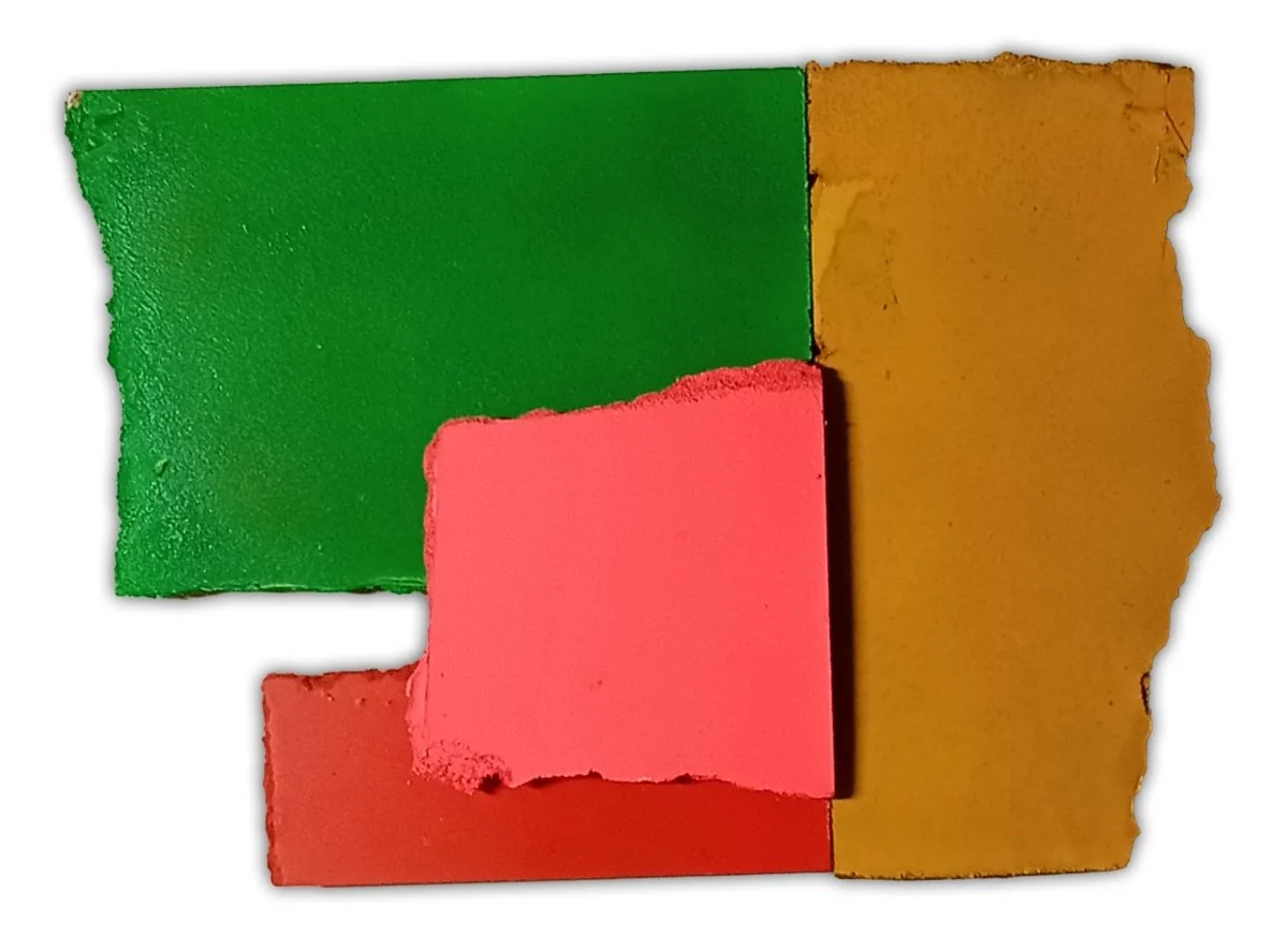A colorful abstract composition of four painted paper fragments arranged in a grid.