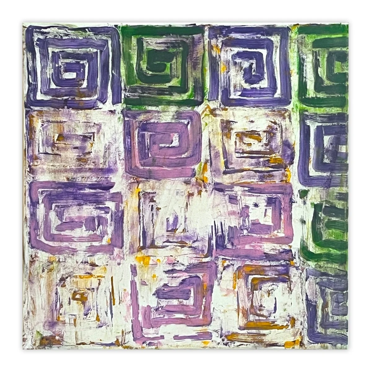 A textured abstract painting featuring a grid of nested squares in purple, green, and earthy tones.