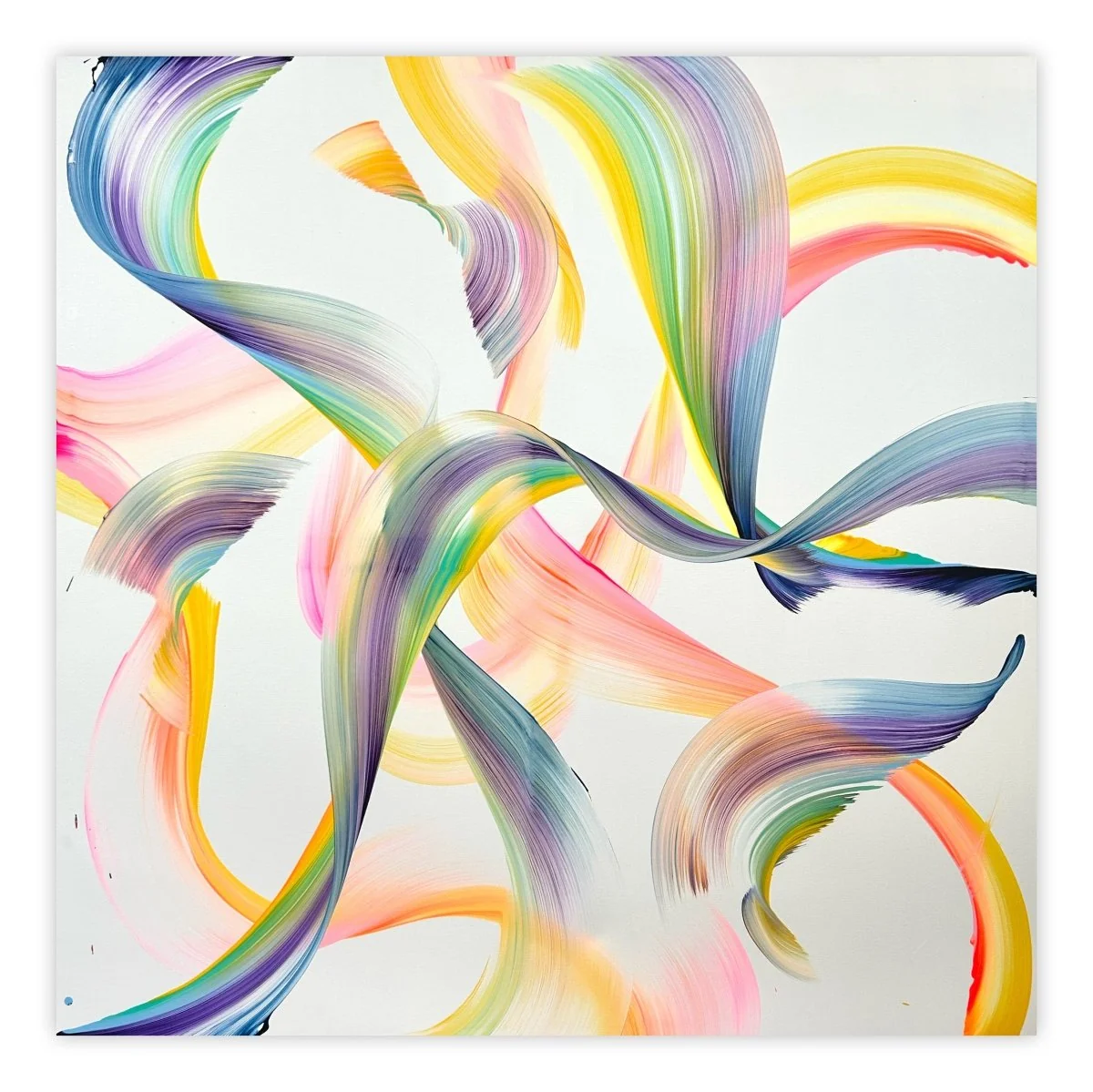 A colorful abstract painting featuring swirling, ribbon-like forms in a rainbow palette.