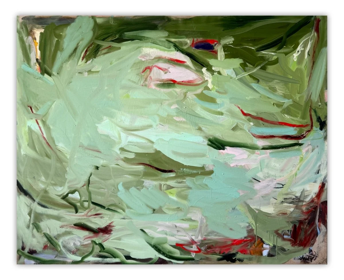 An abstract expressionist painting featuring a chaotic, layered composition of green and white strokes with sharp red accents.