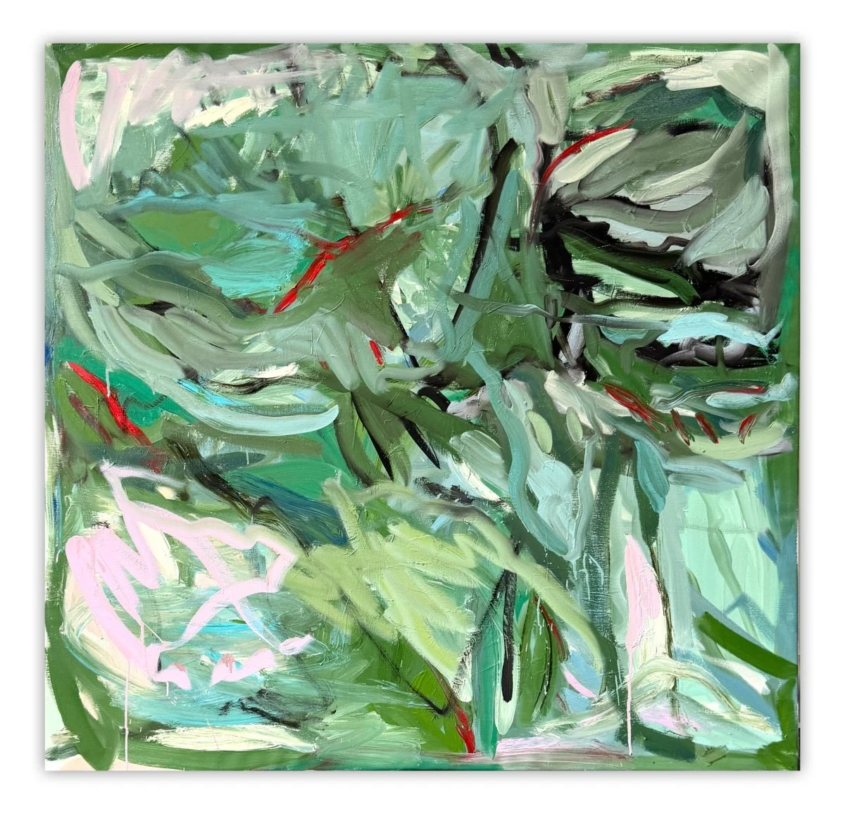 An abstract expressionist painting featuring a chaotic, organic composition of green foliage and bold strokes.