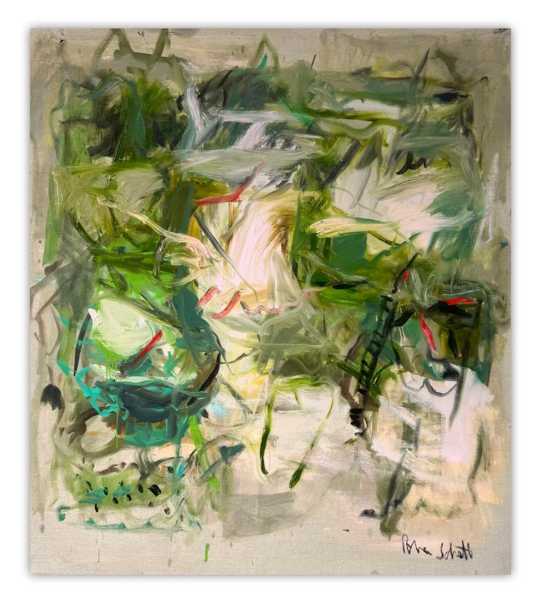 An abstract expressionist painting featuring a chaotic, energetic composition of green and white brushstrokes.
