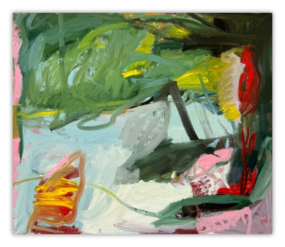 A vibrant, abstract oil painting featuring a garden chair amidst lush foliage.