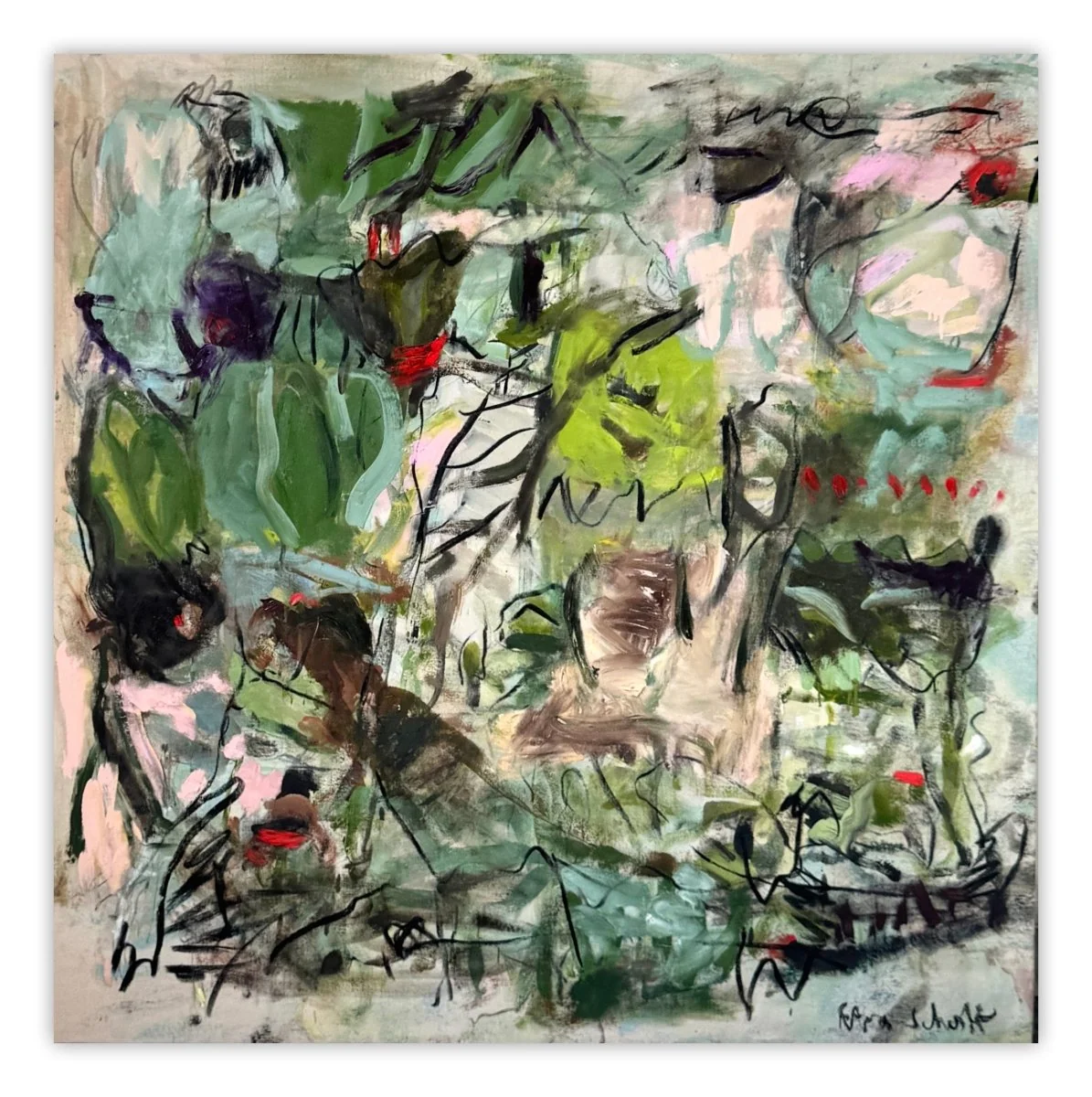 An abstract expressionist painting featuring a chaotic forest scene with bold green foliage, black scribbles, and splashes of red against a textured background.