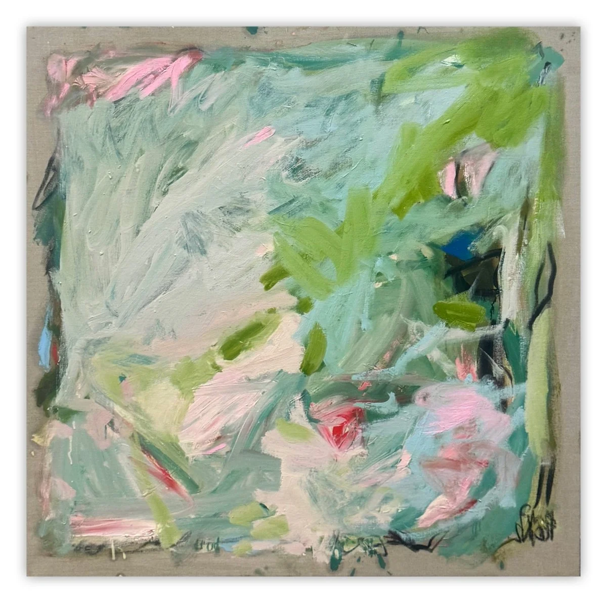 An abstract expressionist painting featuring bold brushstrokes of green, pink, and blue on a textured canvas.