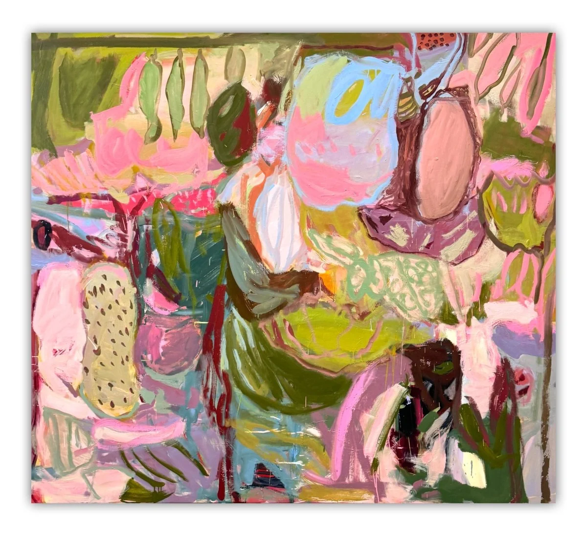 A vibrant, abstract painting of a still life featuring fruit and flowers rendered in bold, expressive brushstrokes.