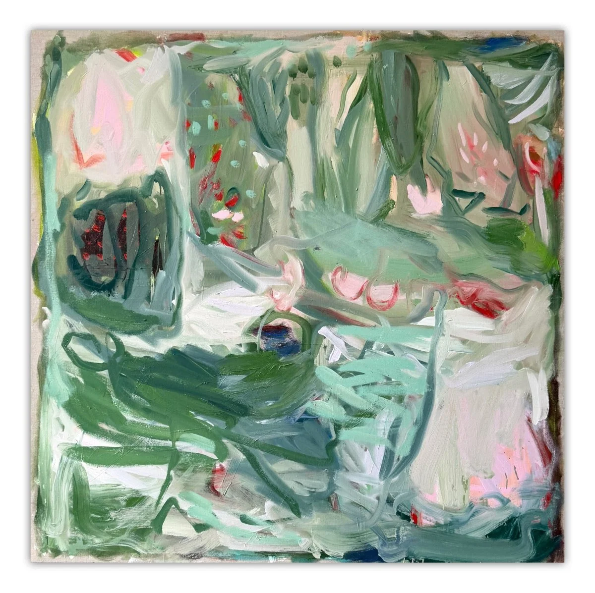 An abstract expressionist painting featuring a chaotic, organic composition of green and pink forms.