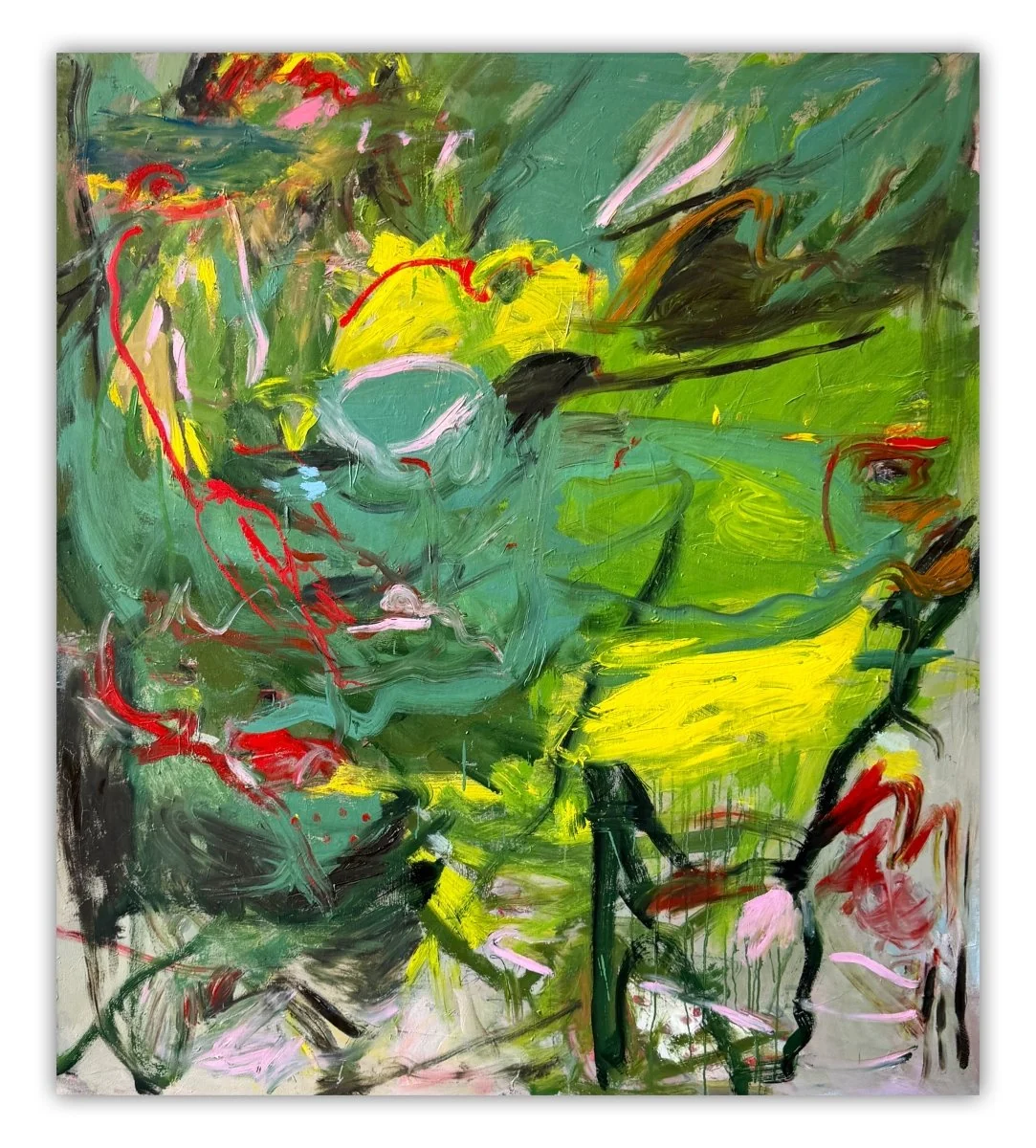 An abstract expressionist painting featuring a chaotic, energetic composition of green and yellow forms with sharp red accents.