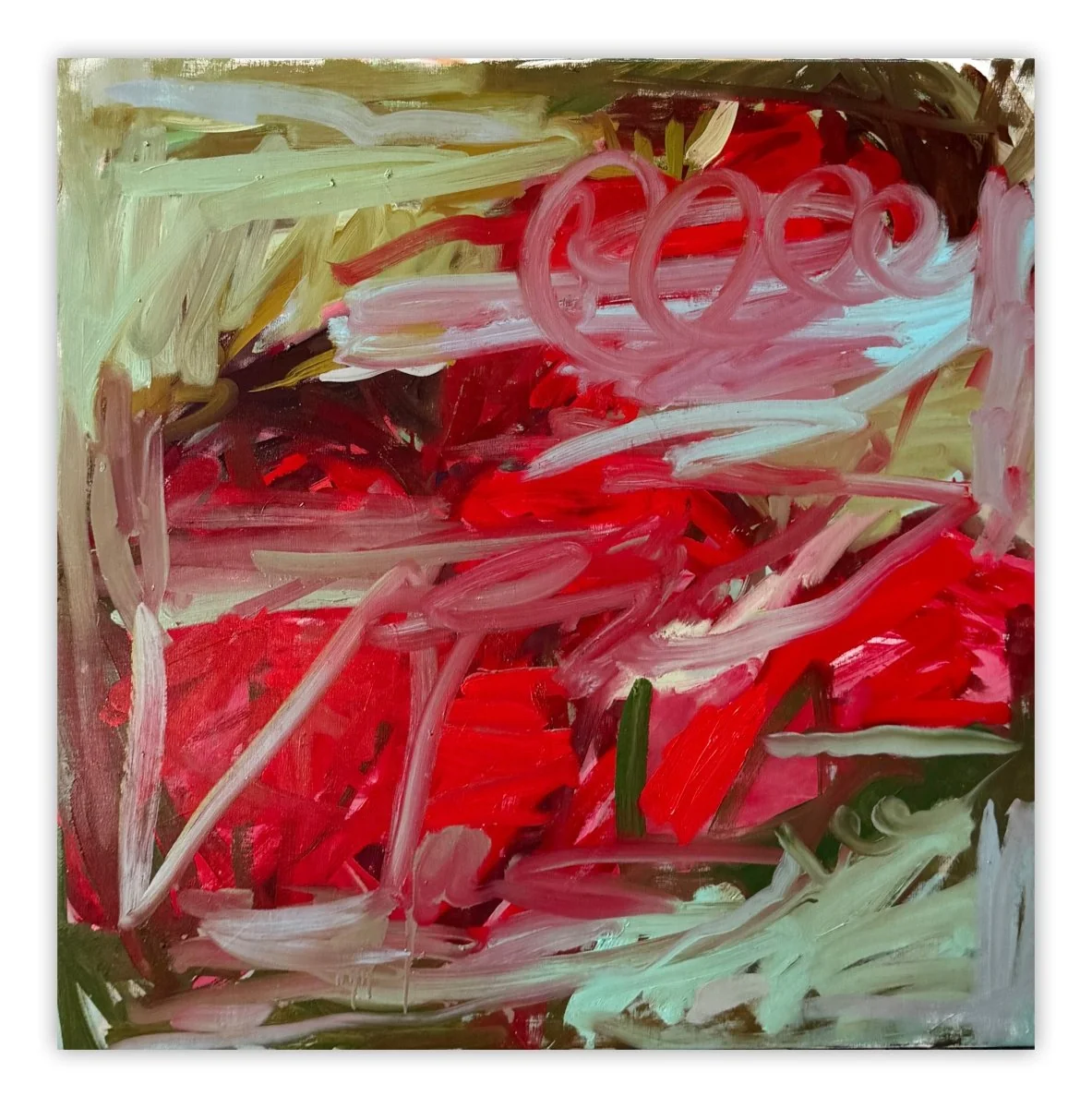 A vibrant abstract painting featuring bold reds and greens with expressive brushwork.