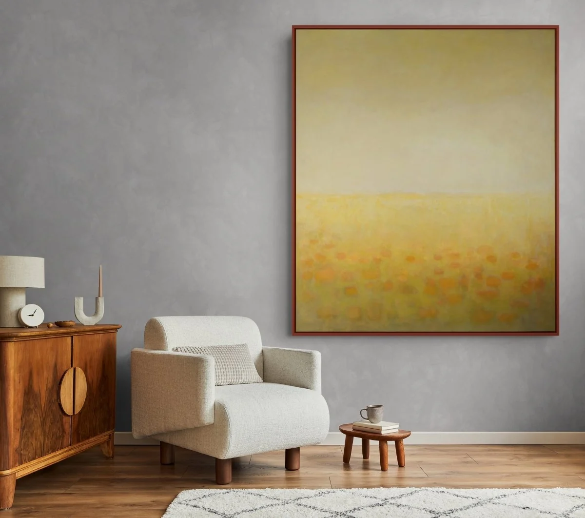 A serene landscape painting of a field of poppies under a vast, hazy sky.