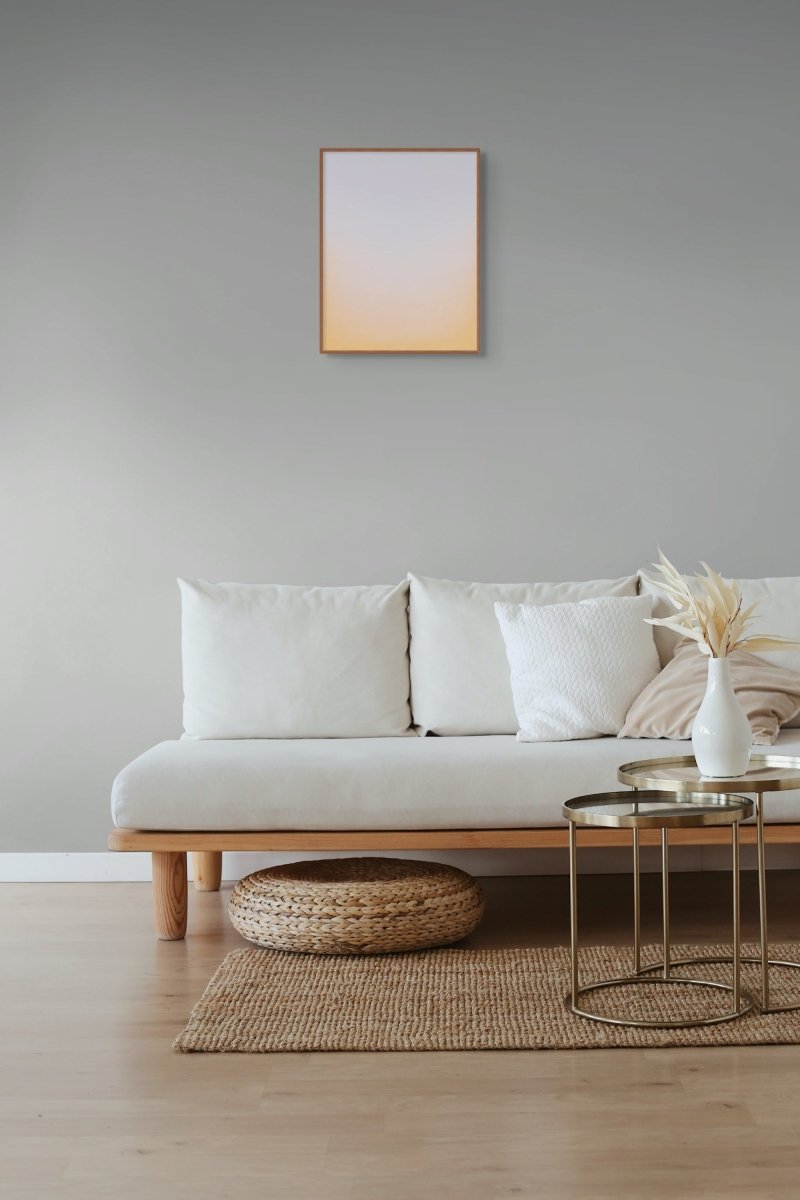 A minimalist vertical gradient artwork featuring a soft transition from pale lavender to warm peach.