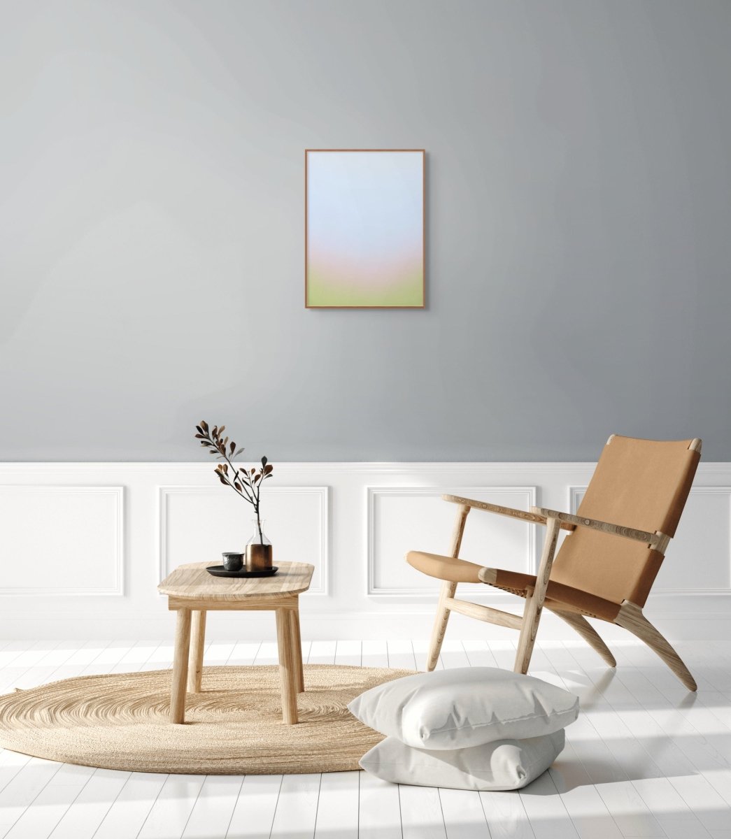 A minimalist vertical gradient artwork featuring a soft, seamless blend of pastel blue, pink, and yellow.