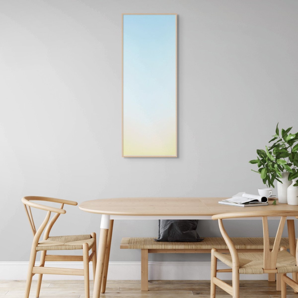 A minimalist vertical gradient artwork transitioning from pale blue to soft yellow.