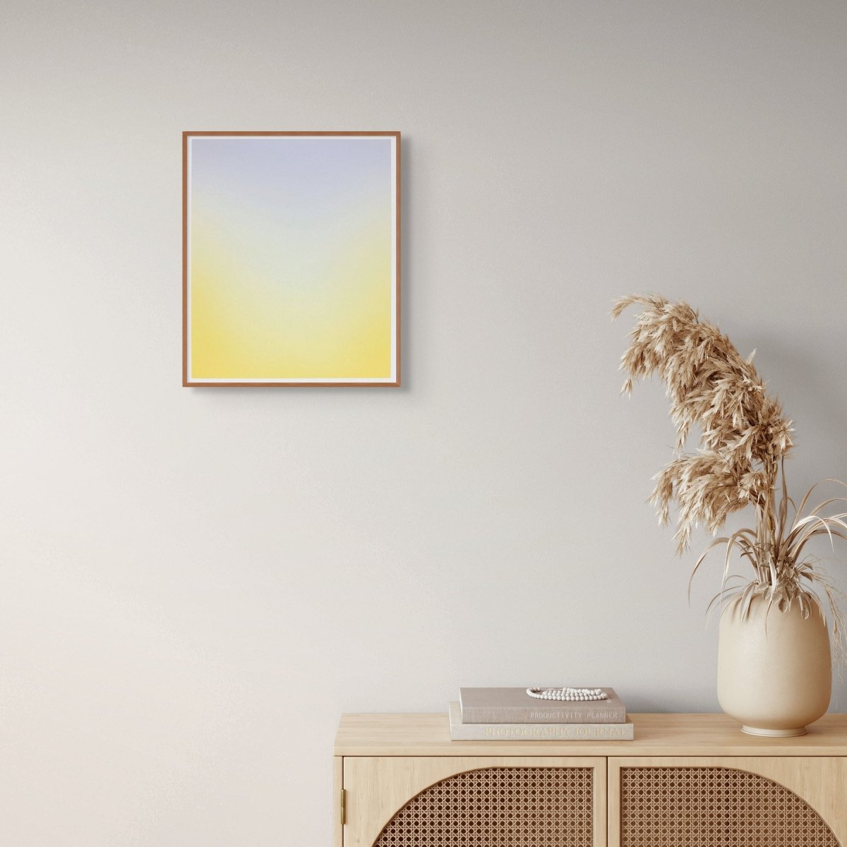 A minimalist abstract piece featuring a smooth gradient from pale lavender to bright yellow.