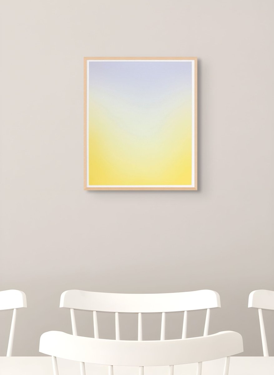 A minimalist abstract piece featuring a smooth gradient from pale lavender to bright yellow.