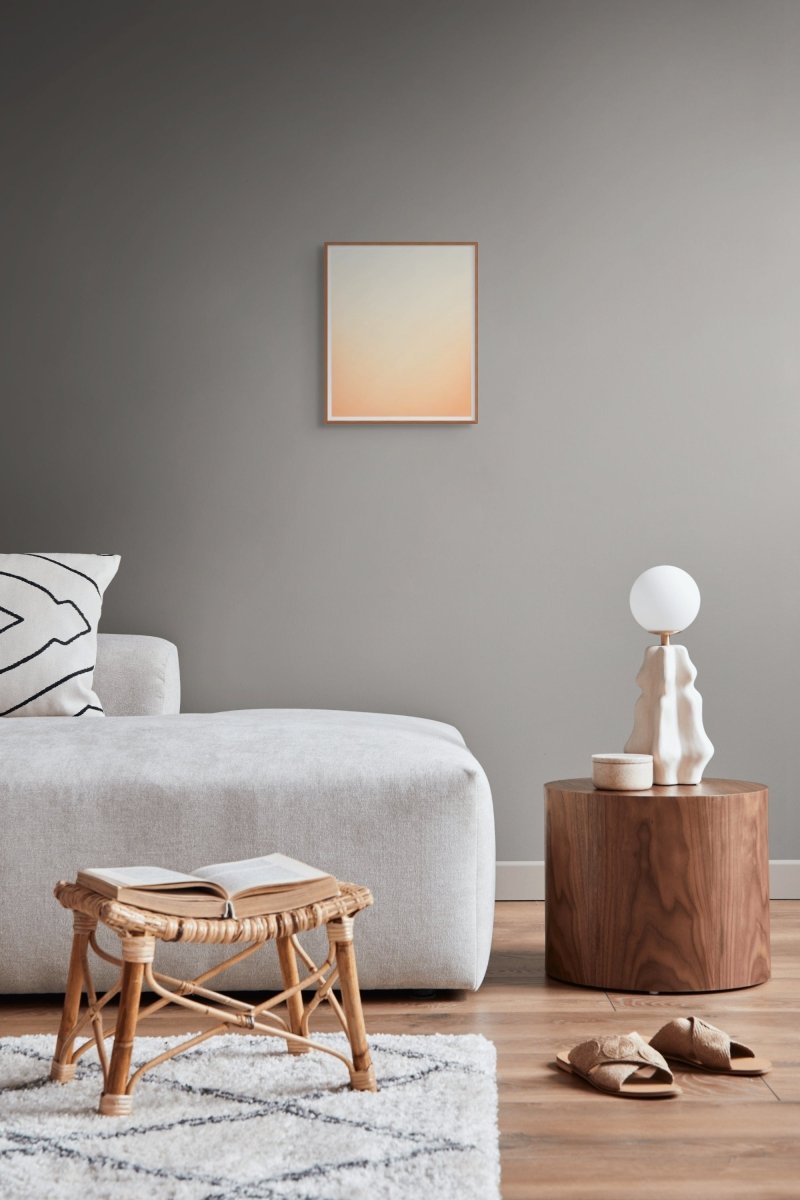 A minimalist abstract piece featuring a smooth vertical gradient from pale green to warm orange.