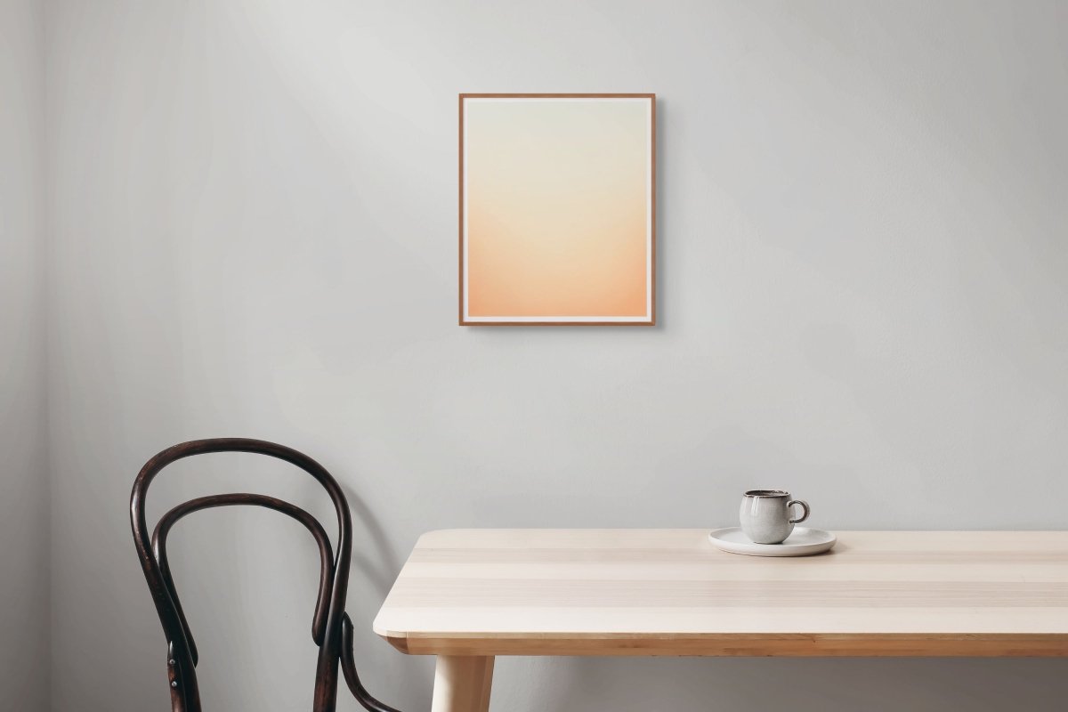 A minimalist abstract piece featuring a smooth vertical gradient from pale green to warm orange.