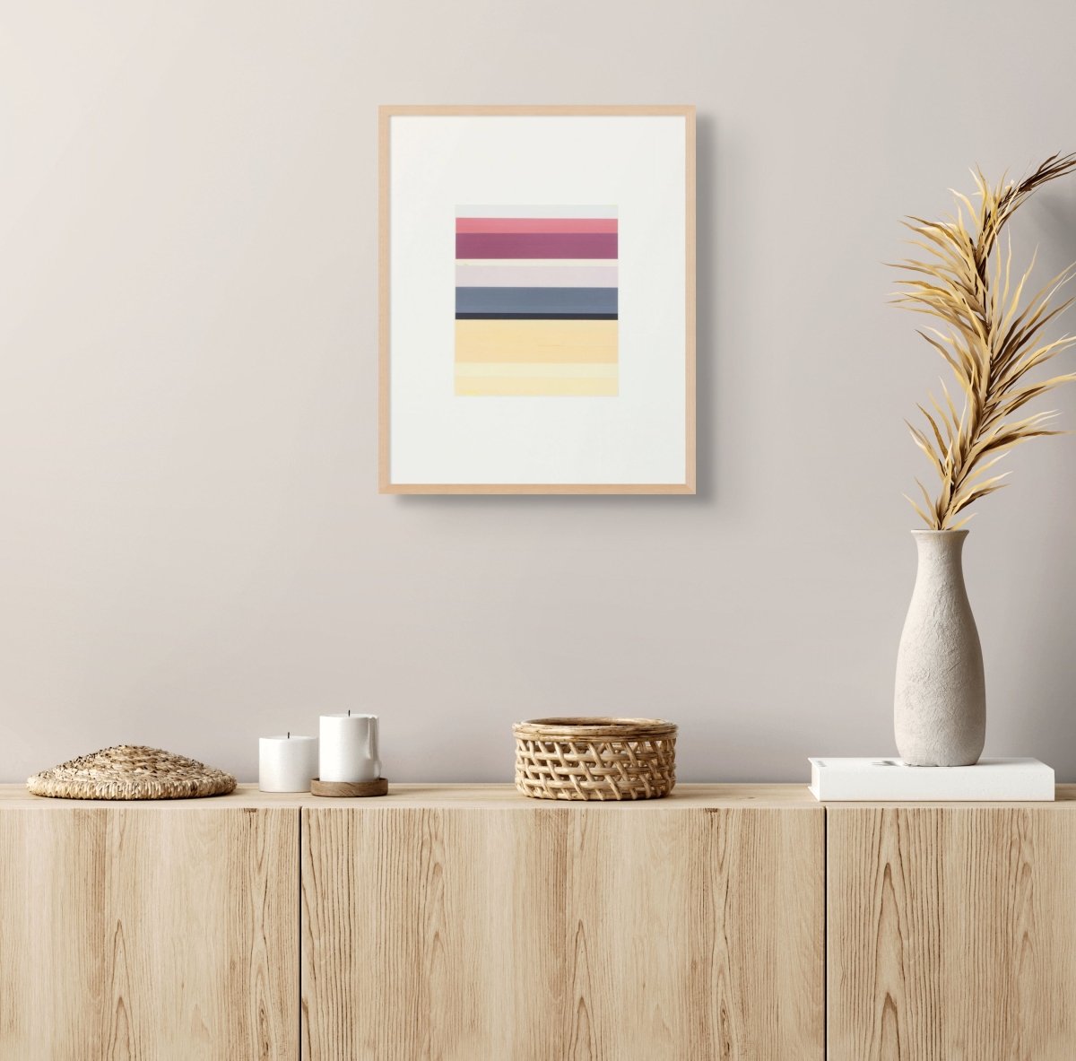 A minimalist abstract piece featuring a vertical stack of horizontal stripes in muted pastel and deep tones.