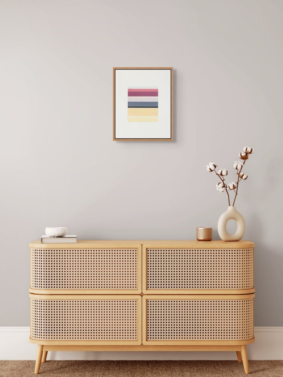 A minimalist abstract piece featuring a vertical stack of horizontal stripes in muted pastel and deep tones.