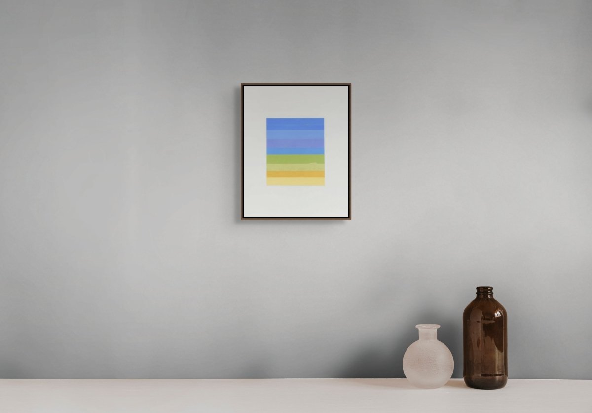 A minimalist abstract print featuring a vertical stack of horizontal bands in soft blues, greens, and yellows.
