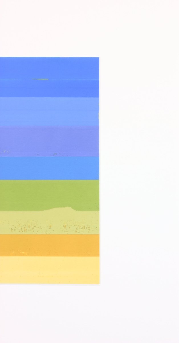 A minimalist abstract print featuring a vertical stack of horizontal bands in soft blues, greens, and yellows.