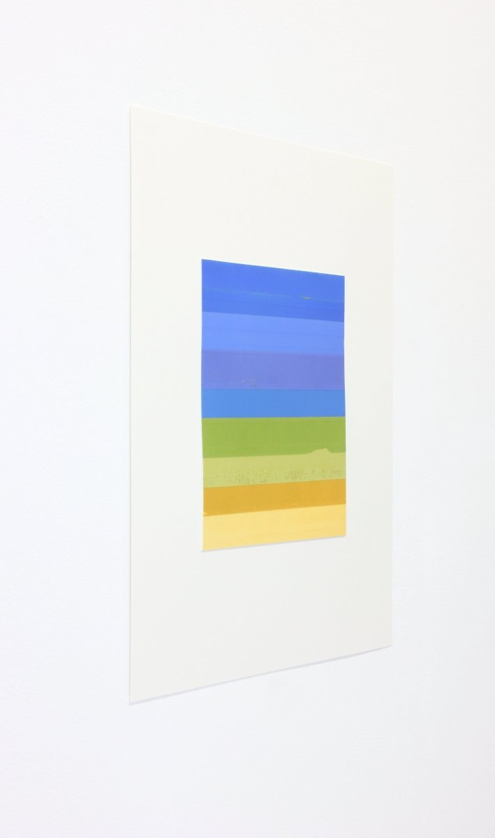A minimalist abstract print featuring a vertical stack of horizontal bands in soft blues, greens, and yellows.