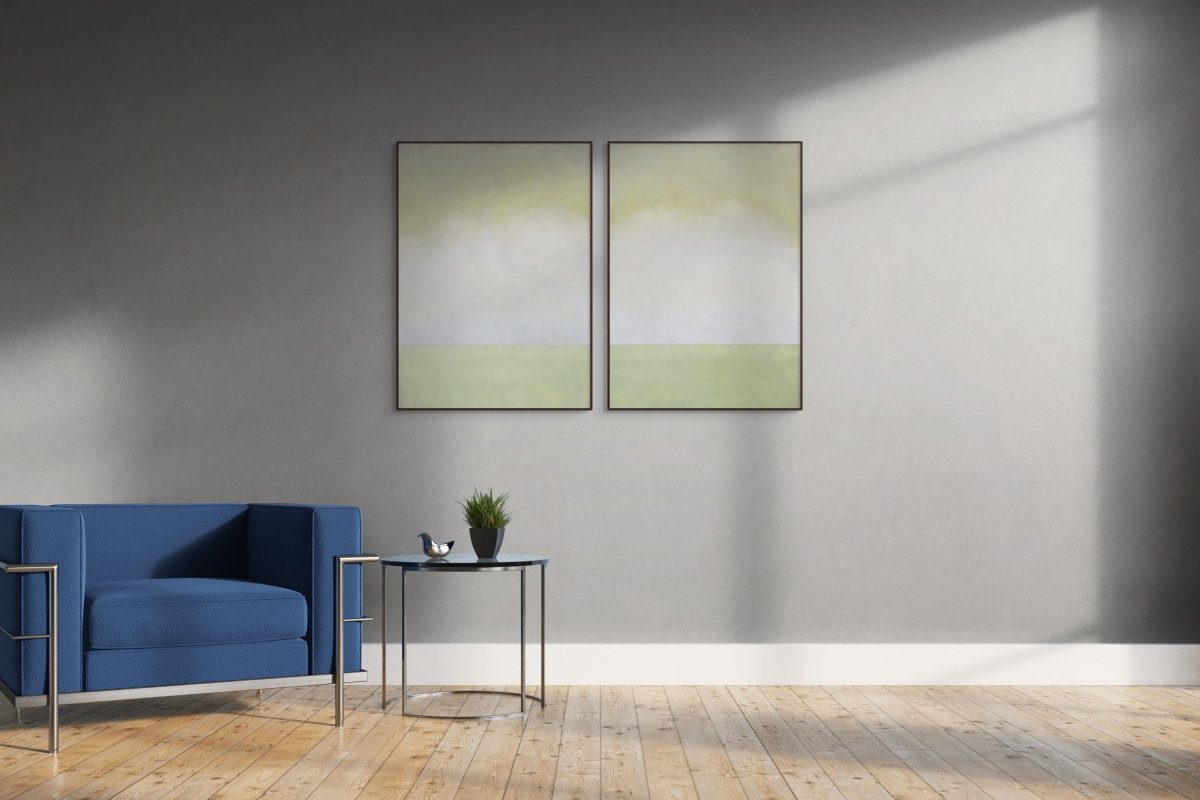 A diptych of abstract landscapes featuring soft gradients of pale yellow, white, and muted green.