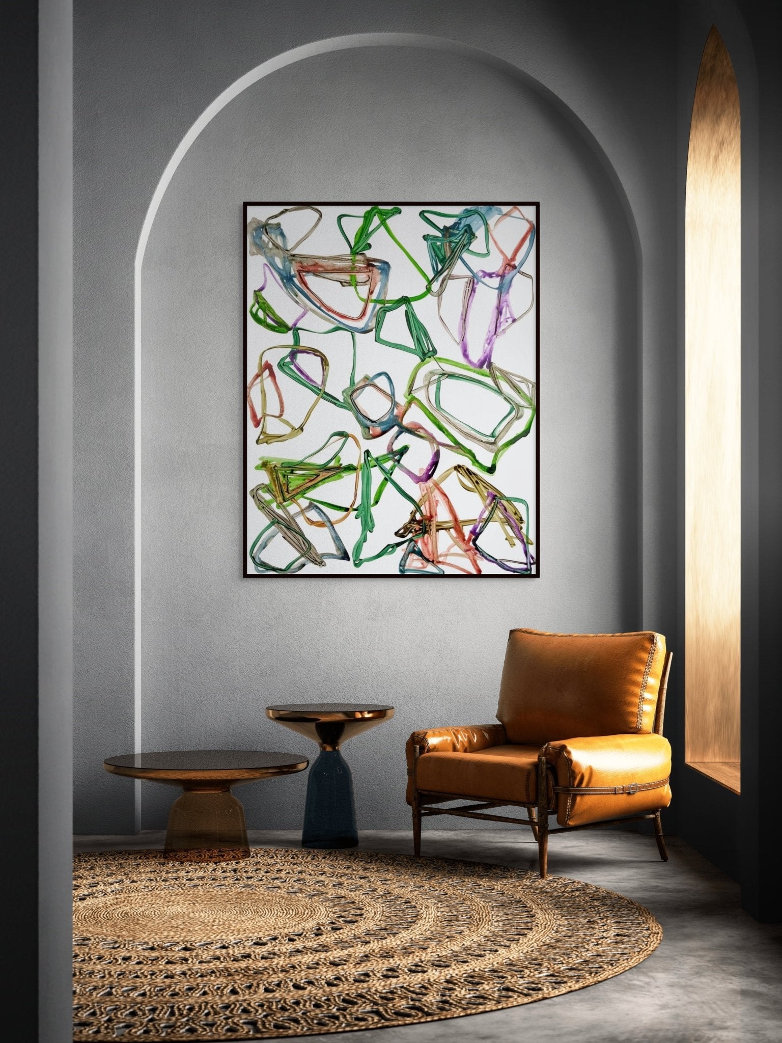 A vibrant abstract composition of tangled, colorful wire-like shapes on a white background.