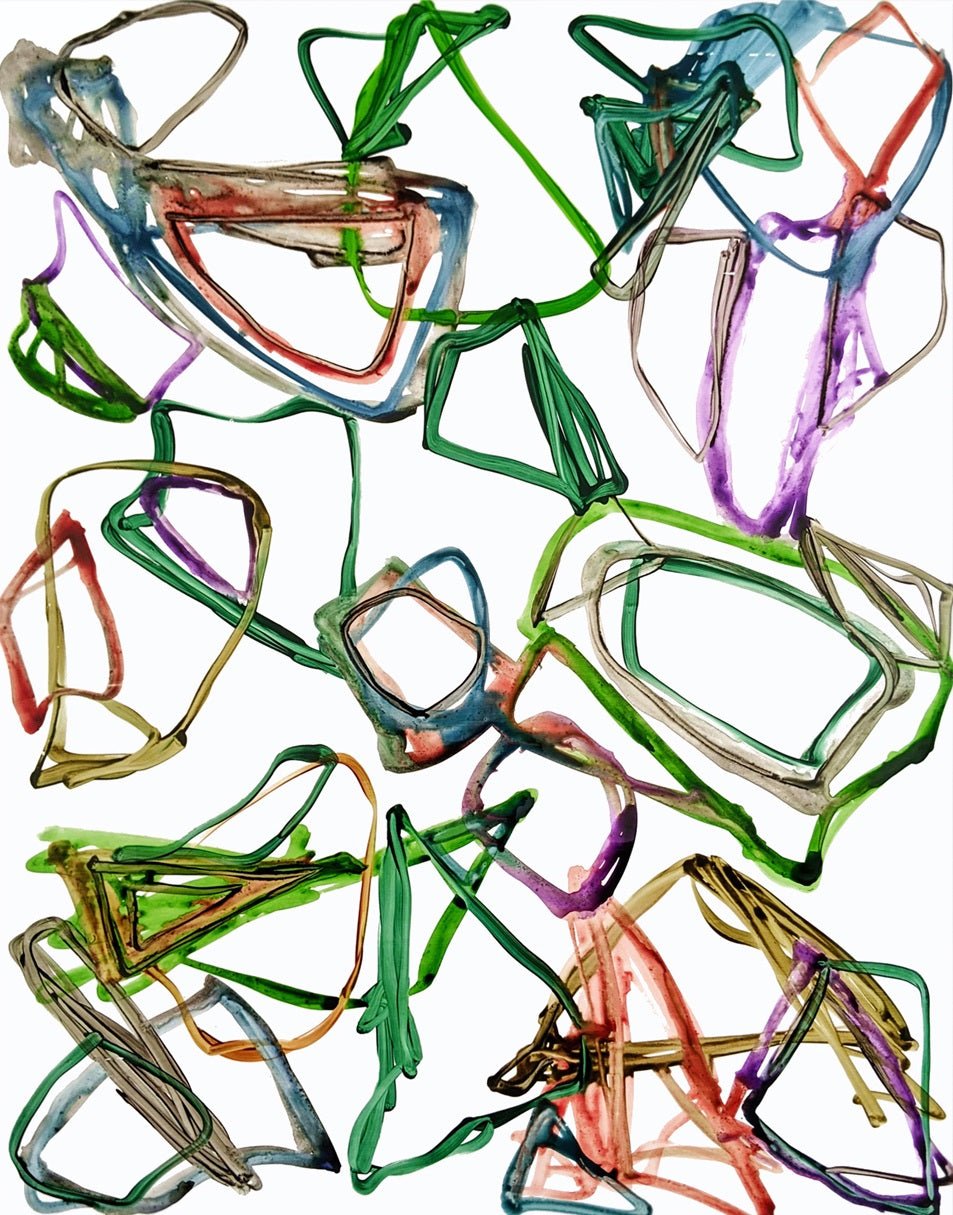 A vibrant abstract composition of tangled, colorful wire-like shapes on a white background.