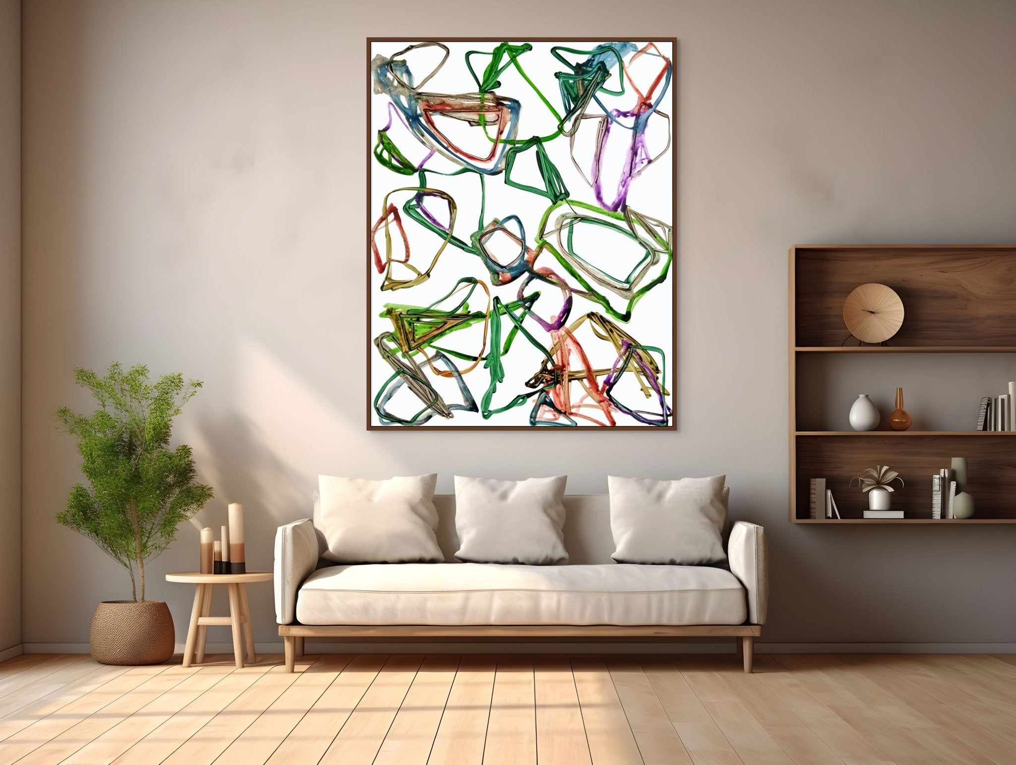 A vibrant abstract composition of tangled, colorful wire-like shapes on a white background.