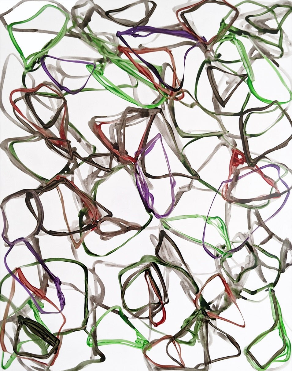 A chaotic abstract composition of tangled, looped lines in muted colors against a stark white background.