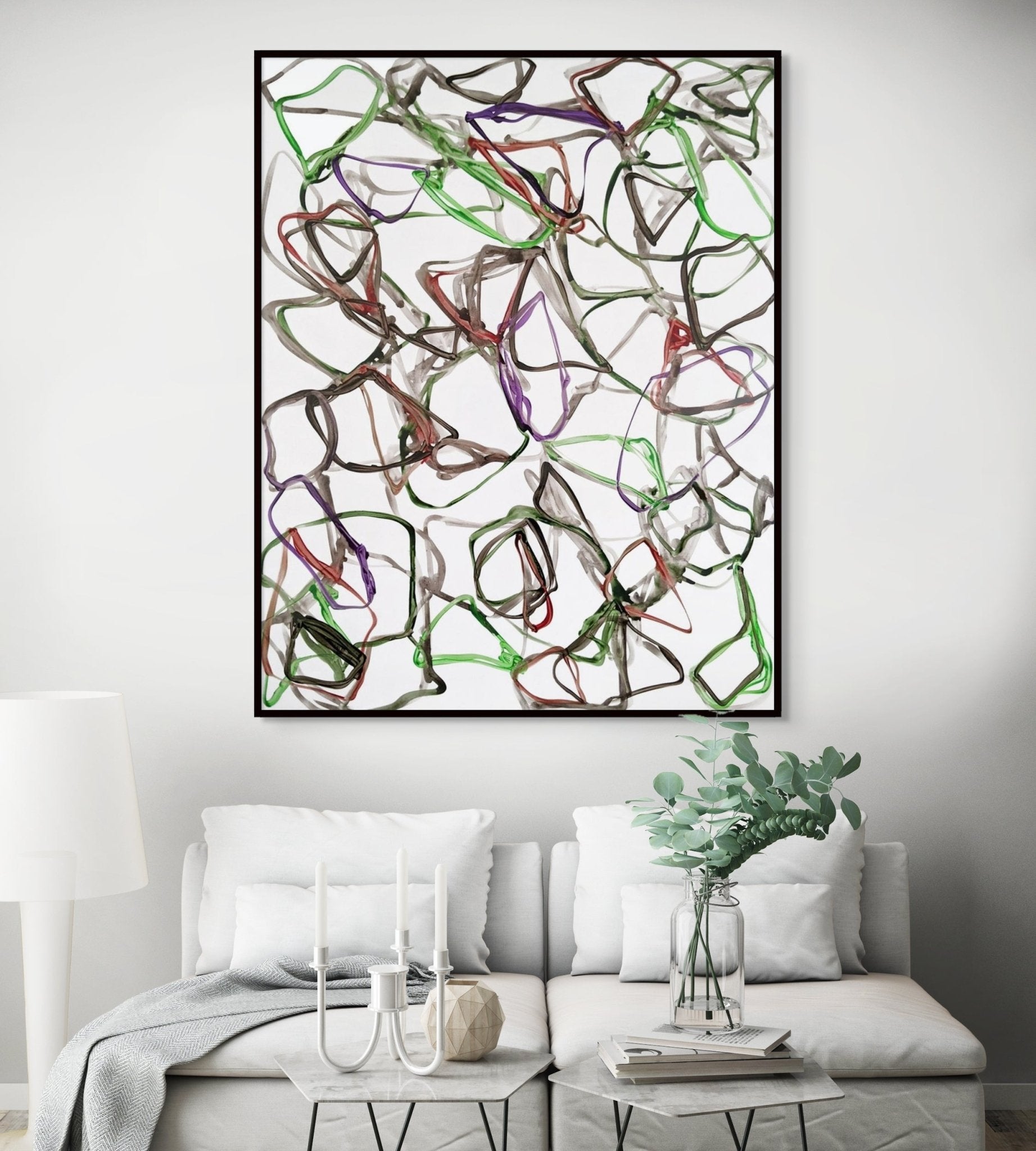 A chaotic abstract composition of tangled, looped lines in muted colors against a stark white background.