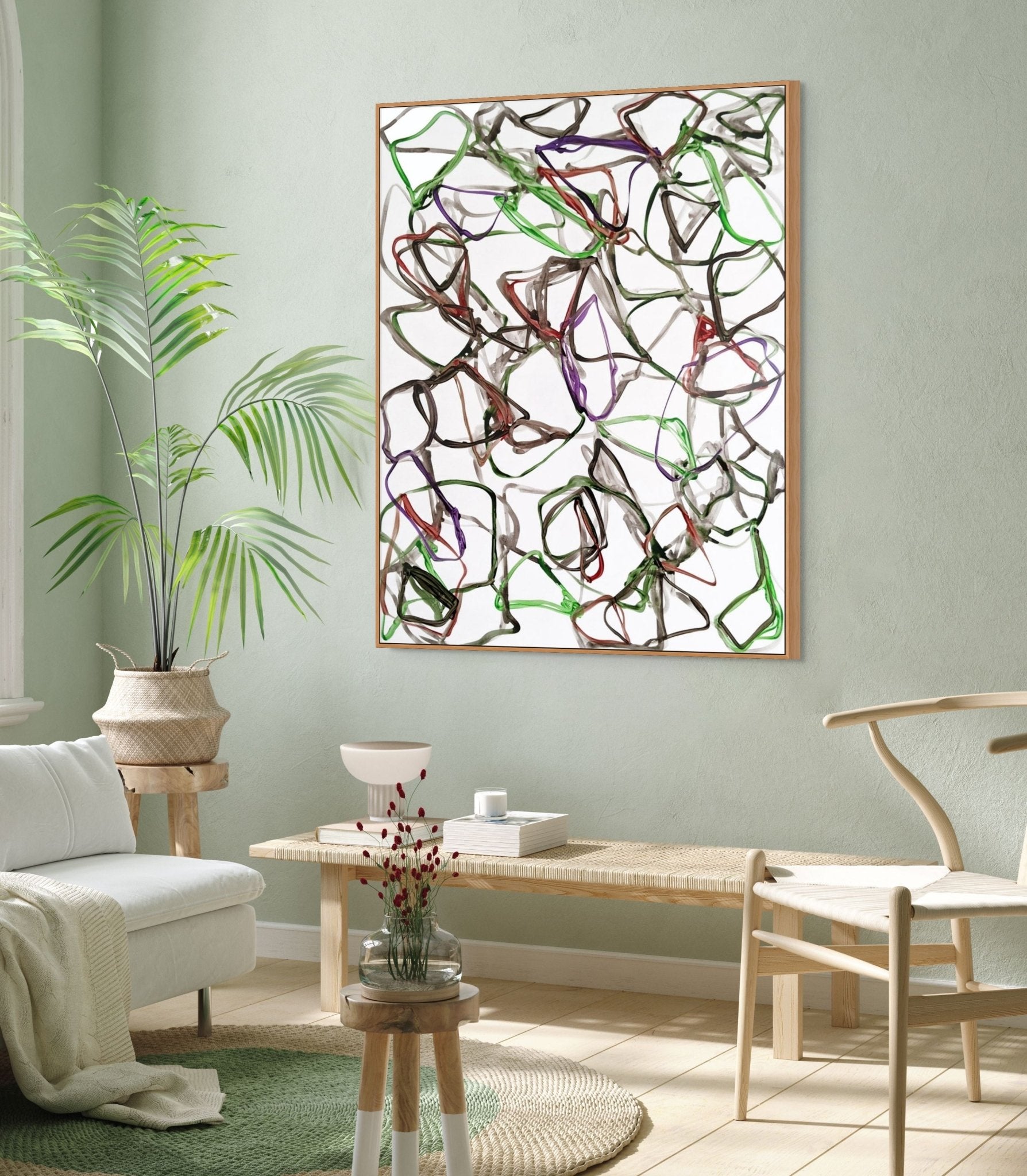 A chaotic abstract composition of tangled, looped lines in muted colors against a stark white background.