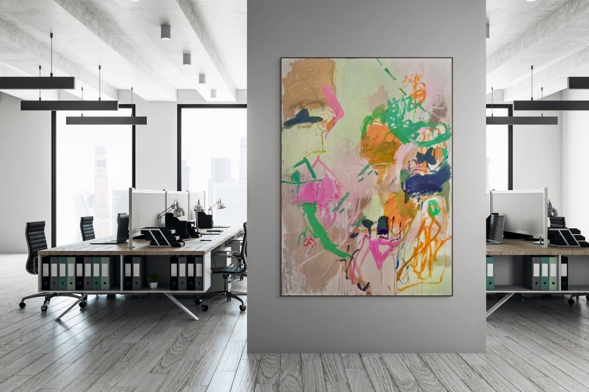 An abstract expressionist painting featuring a chaotic, colorful composition of thick brushstrokes and layered shapes.