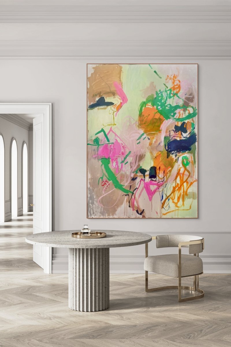 An abstract expressionist painting featuring a chaotic, colorful composition of thick brushstrokes and layered shapes.