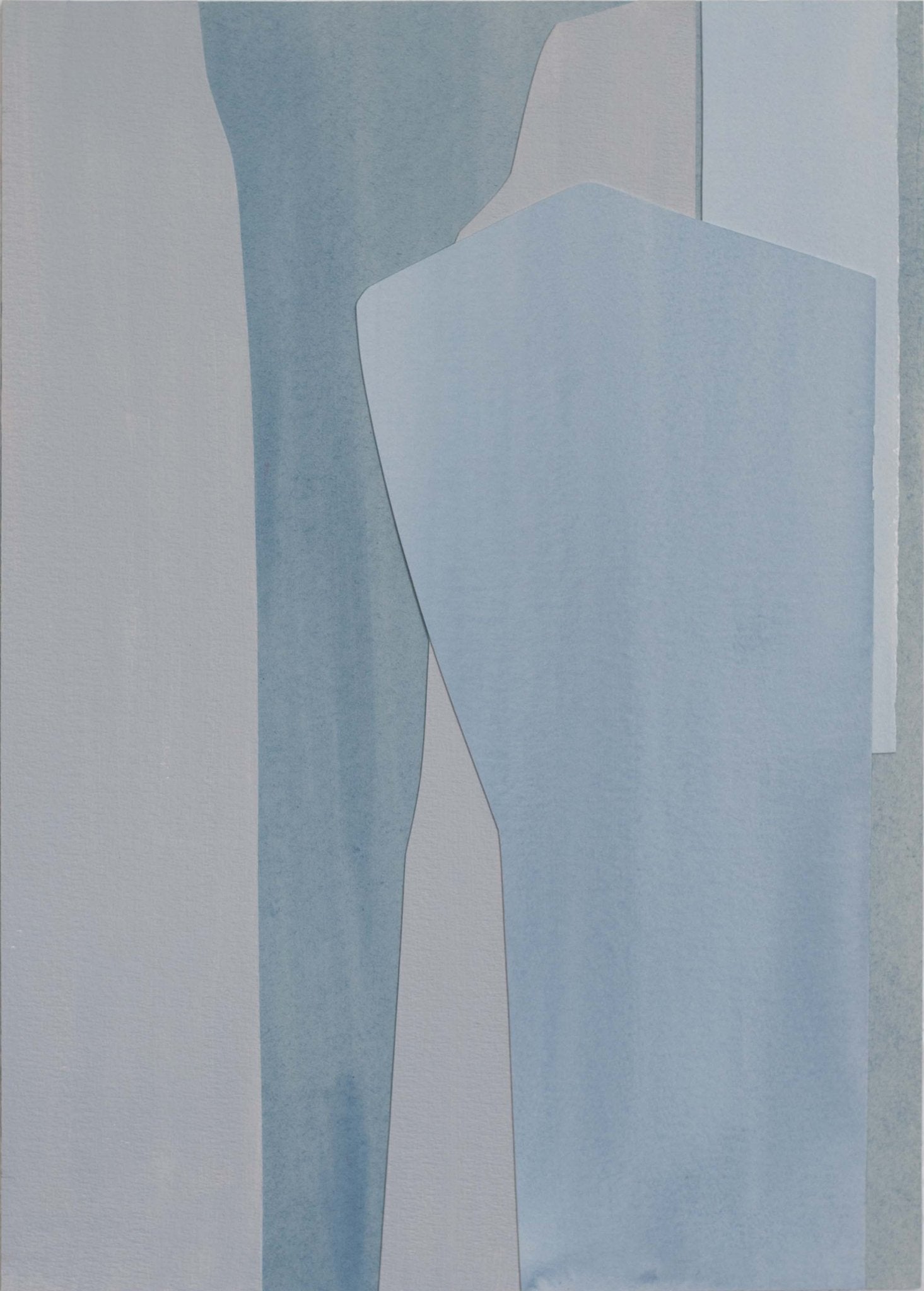 A minimalist abstract composition featuring layered geometric shapes in cool blue and grey tones.