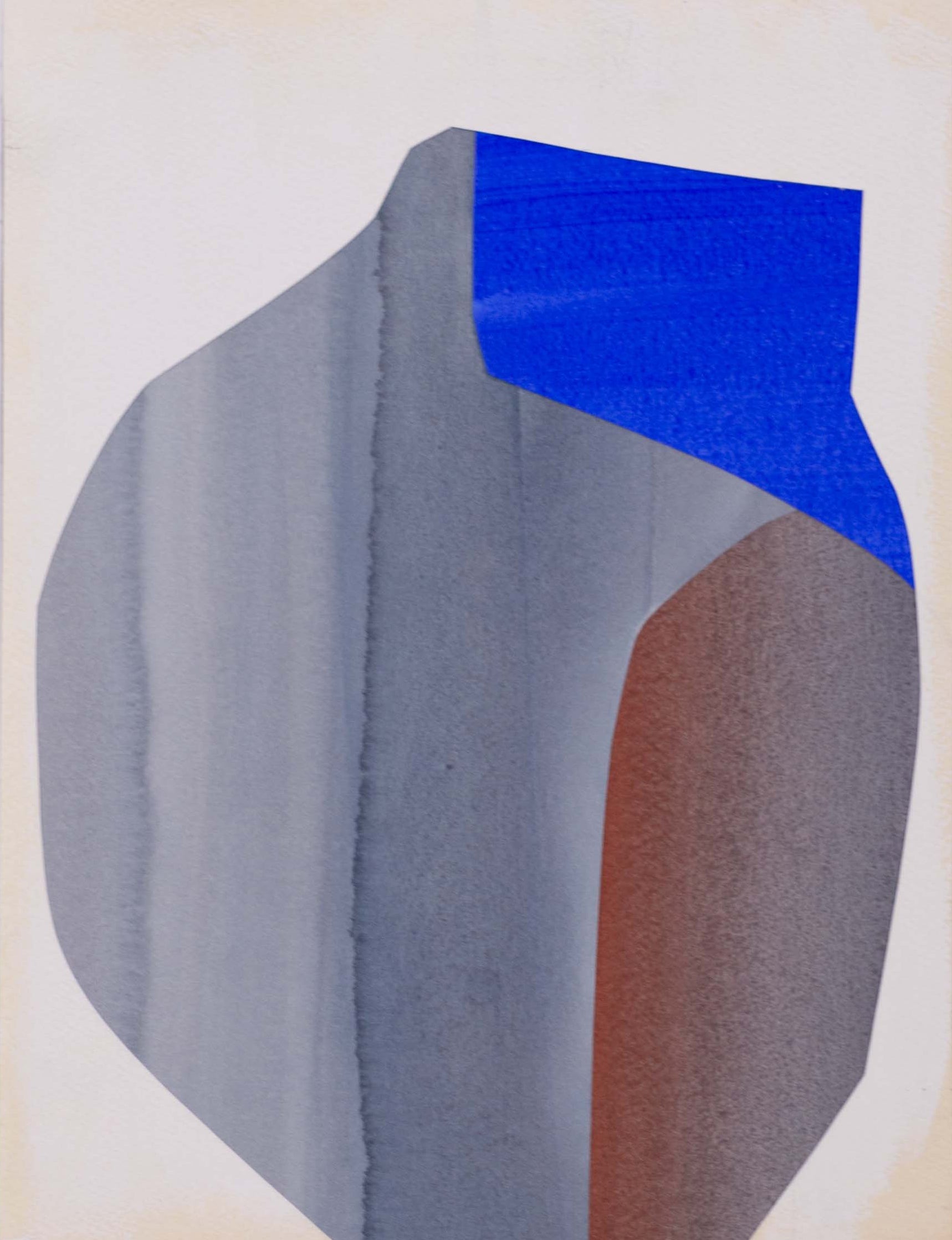 An abstract composition featuring a large, geometric form in muted blue and brown tones against a pale background.
