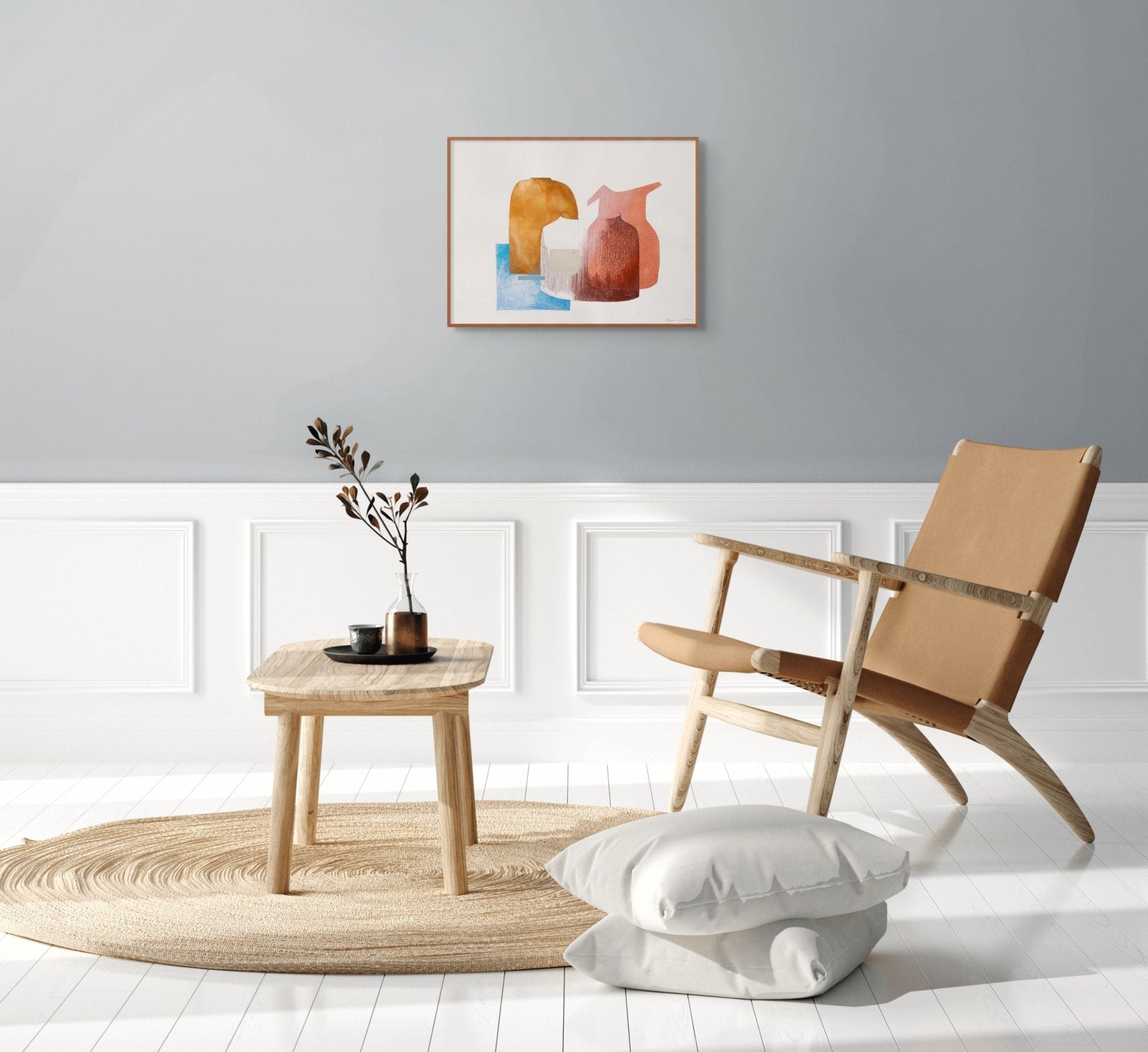 A mixed-media still life featuring two ceramic vessels and a blue geometric base.