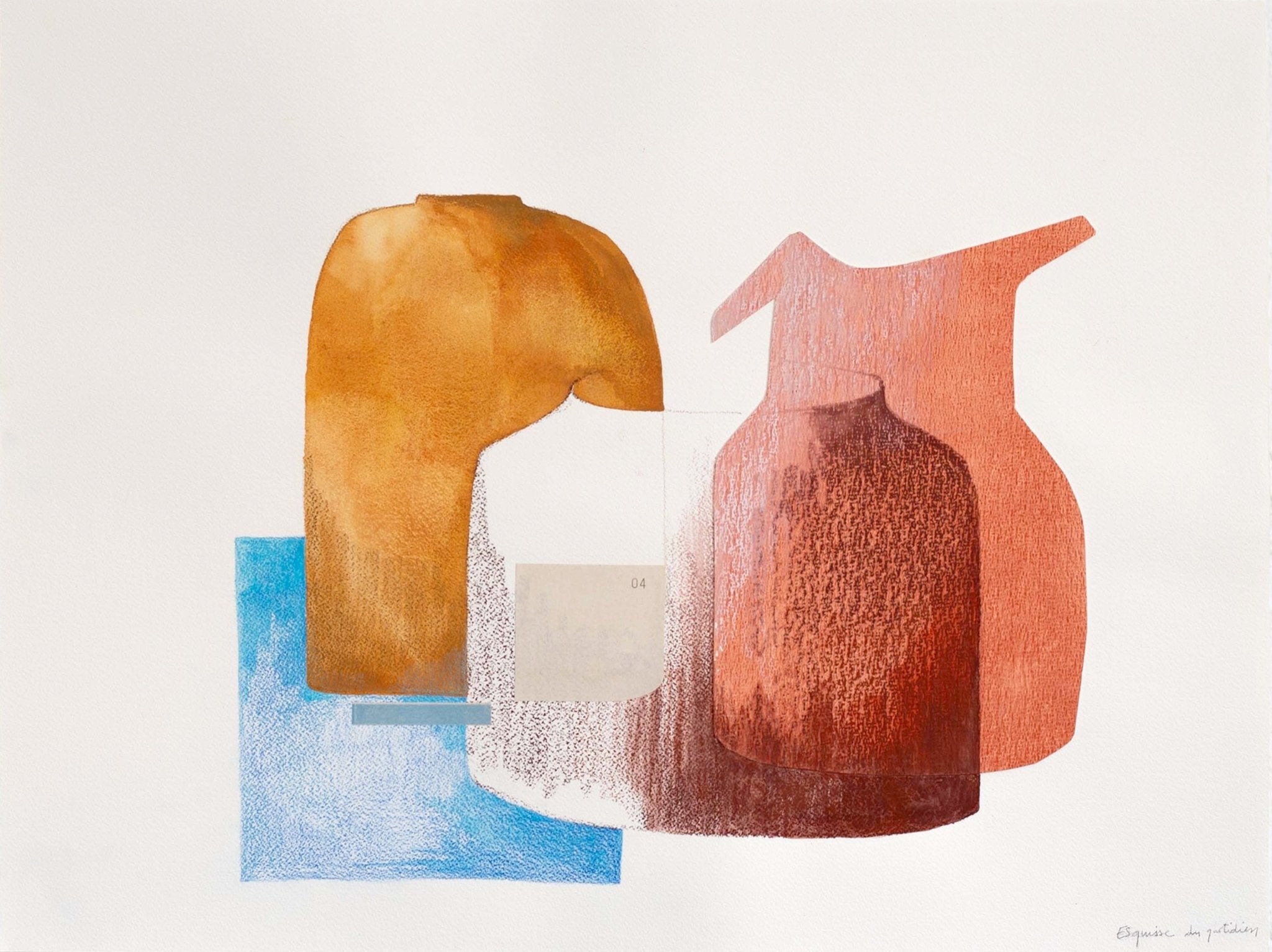A mixed-media still life featuring two ceramic vessels and a blue geometric base.